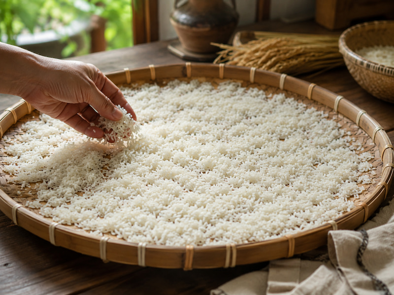 Cơm nguội phơi khô để làm cốm gạo tại nhà