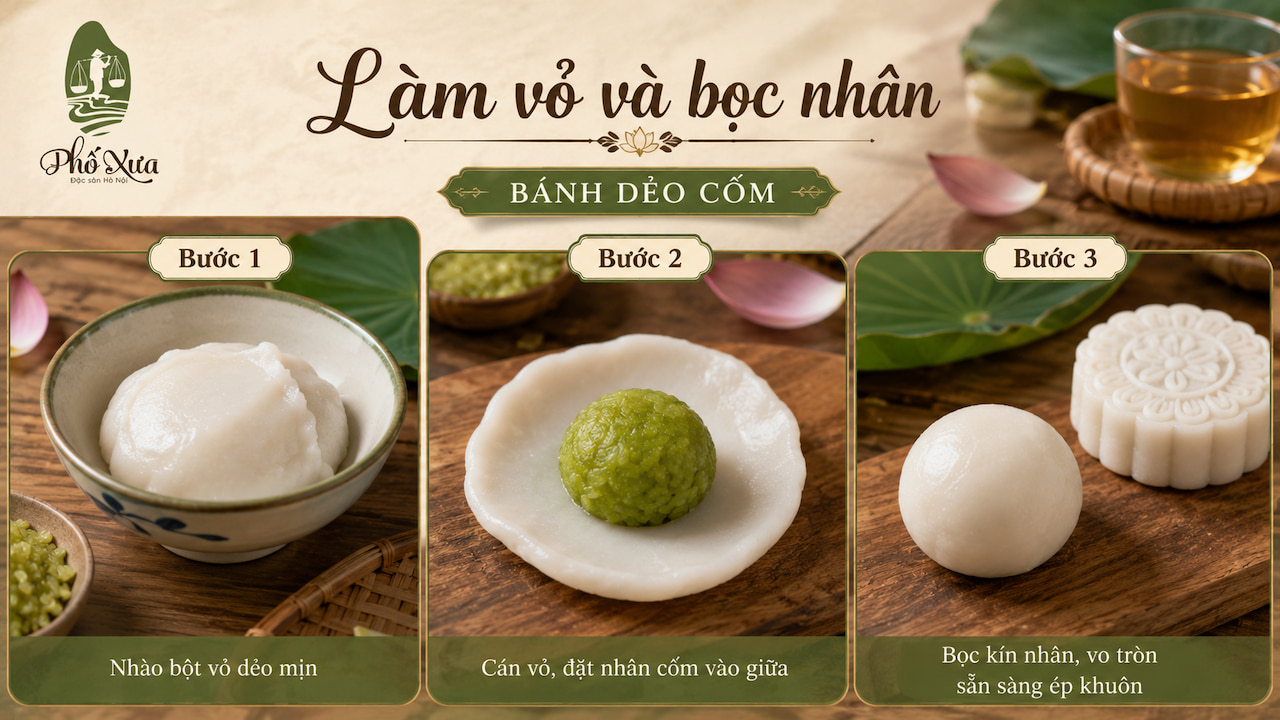 Cách bọc nhân bánh dẻo cốm trước khi đóng khuôn