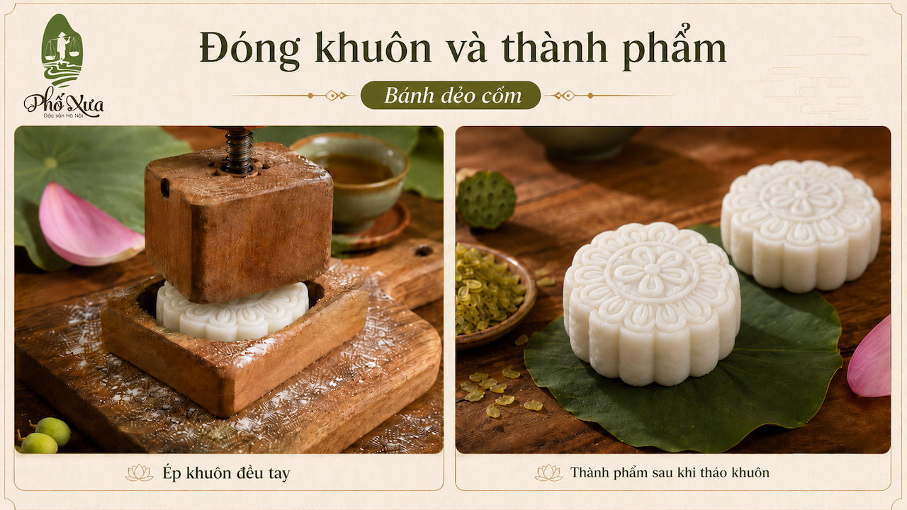 Đóng khuôn bánh dẻo cốm hoa văn sắc nét