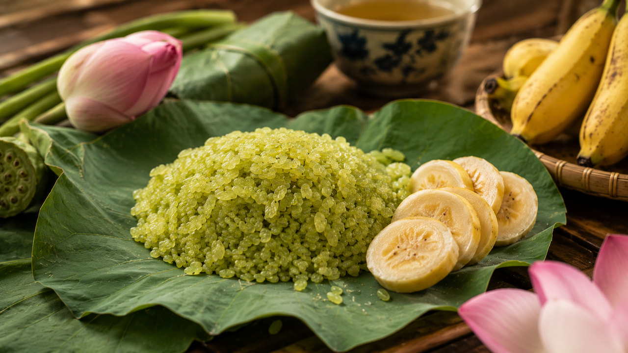 Cốm được thưởng thức cùng chuối chín và lá sen