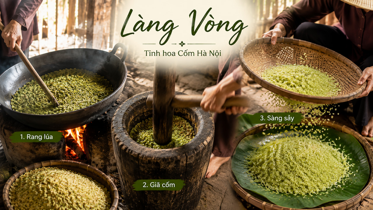 Công đoạn rang giã và sàng sảy khi làm cốm