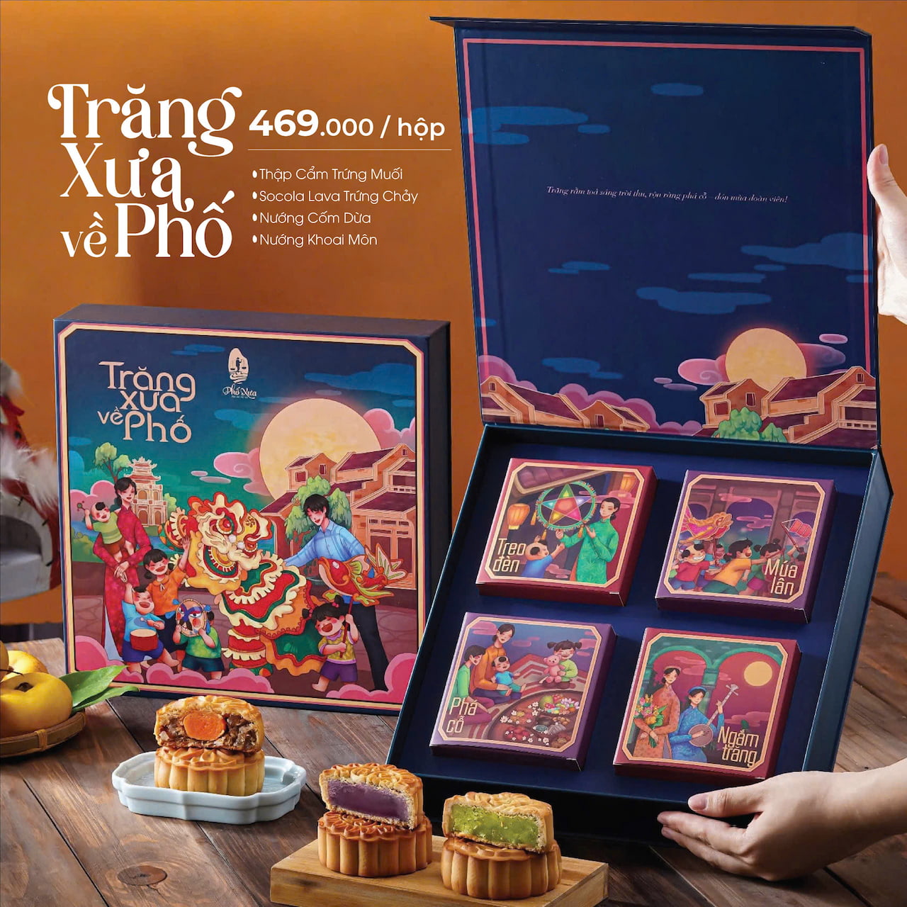 Hộp quà bánh Trung Thu nhân cốm Phố Xưa cao cấp